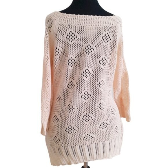 Rafaella Open Knit  Crochet Cream Yellow Quarter Sleeves Tunic Sweater Large - Picture 2 of 8